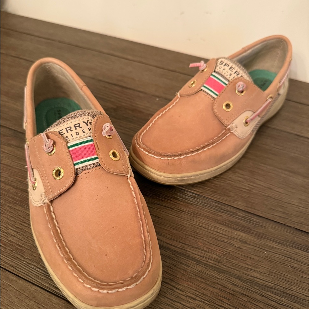 Sperry Tan Loafers with Pink and Green Accents